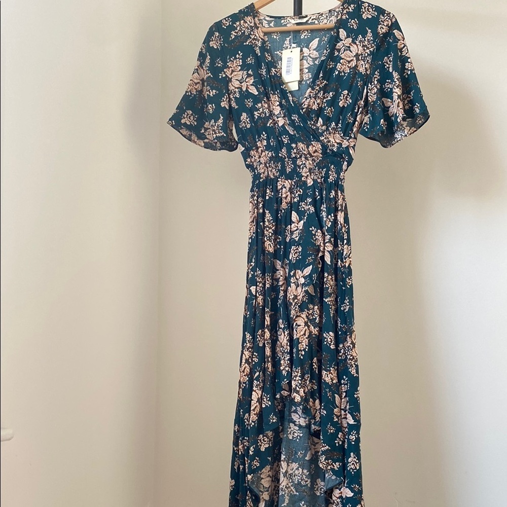 Green and Tan Ruffled Wrap Maxi Dress